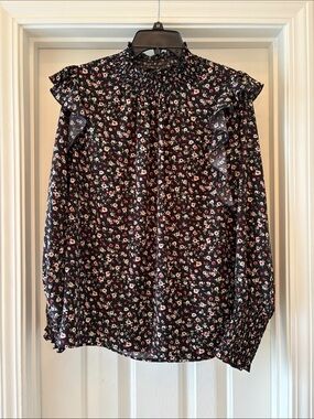 Darling Black Floral Ruffle Sleeve Smocked High-Neck Blouse Size Large
